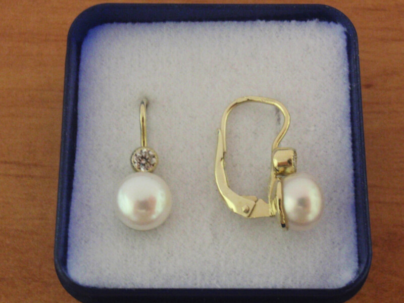 Zlaté náušnice na patent - perly bílé se zirkony