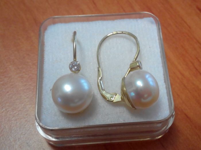 Zlaté náušnice na patent - perly se zirkony velké 